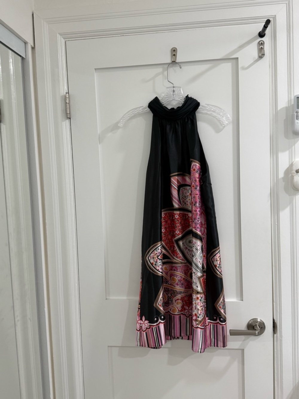 Muse black high neck halter shift dress w/ floral pattern (fair) (read)